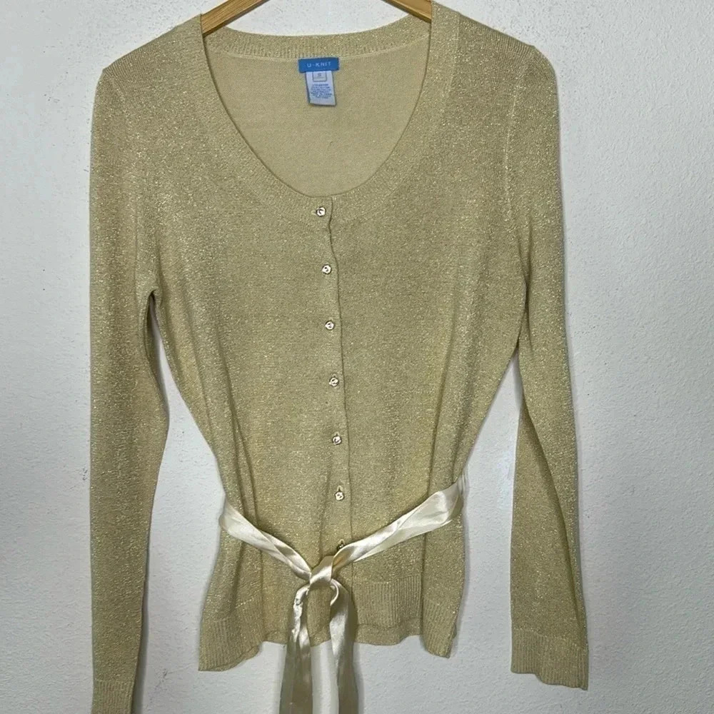 U-Knit NWOT gold shimmer cardigan size small with diamond glass buttons
